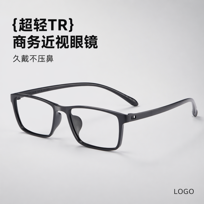 [主图 1] 简约场景首图展示黑色商务全框近视眼镜。[氛围风格] 简约干净高级电商视觉风格。[画质] 商业摄影质感、光线柔和通透、产品清晰真实、画面干净高级。[元素] 黑色近视眼镜居中放置，保持产品外预览效果