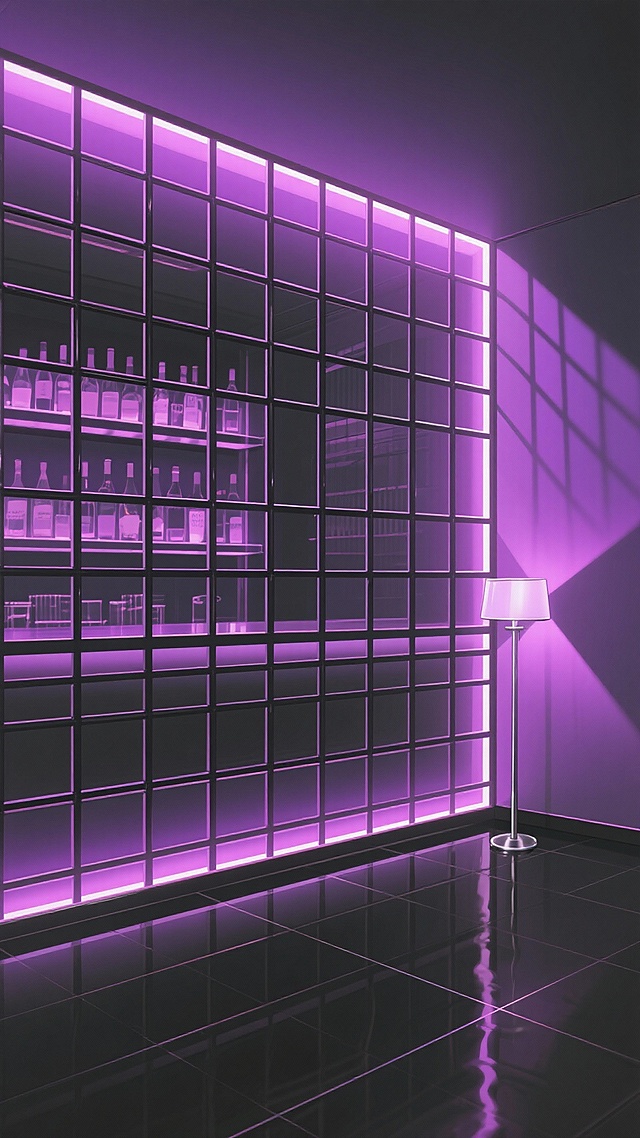 二次元，酒吧网格背景，高级简约，细节丰富，紫黑色，氛围是魅惑、下沉，生成2张，不要人，4k