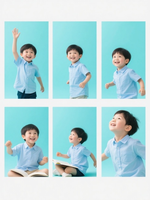 一组6个相同元素和配色的系列素材集合，每个素材中都有一个穿着浅蓝色衬衫的亚洲小男孩，保持相同的纯色背景和明亮、清新、高饱和度的色彩风格，画面整体色彩变换为柔和的蓝绿色调，6个小男孩有着完全不同的造型和角度，包括站立举手、坐姿微笑、奔跑姿态、读书场景、玩耍动作和仰望天空等，所有元素规整排布在白色背景上，每个素材都具有高清摄影的质感、清晰的细节和明亮的光线效果，整体呈现出统一而多样的视觉效果预览效果