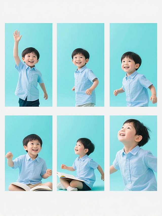 一组6个相同元素和配色的系列素材集合，每个素材中都有一个穿着浅蓝色衬衫的亚洲小男孩，保持相同的纯色背景和明亮、清新、高饱和度的色彩风格，画面整体色彩变换为柔和的蓝绿色调，6个小男孩有着完全不同的造型和角度，包括站立举手、坐姿微笑、奔跑姿态、读书场景、玩耍动作和仰望天空等，所有元素规整排布在白色背景上，每个素材都具有高清摄影的质感、清晰的细节和明亮的光线效果，整体呈现出统一而多样的视觉效果