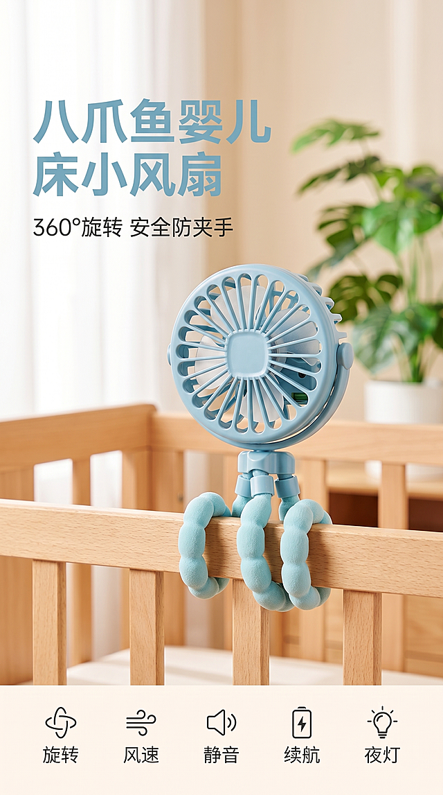 [主图 1] 八爪鱼婴儿床小风扇清新场景首图。
[氛围风格] 遛娃清爽母婴风，温馨干净亲子氛围；
[画质] 商业摄影质感、光线柔和通透、产品清晰真实、画面干净高级。
[元素] 浅蓝色八爪鱼婴儿床小风扇悬挂在婴儿床栏杆上，产品居中展示，婴儿床旁点缀柔和绿色盆栽装饰，浅米色温馨背景。保持产品外观（即物理结构、材质质感、颜色）与输入产品图绝对一致，杜绝任何变形和色差，精细化处理。商品主体占比严格控制在 65% 左右，满屏无边框设计。
[光影] 明亮柔和的自然光从左侧照射进来，产品边缘形成柔和高光，背景通透明亮，整体光影通透不暗沉，突出产品清新质感。
[配色] 主色调为浅清爽蓝、米白色，搭配清新浅绿色点缀，整体清爽干净符合母婴风格。
[视角构图] 平视角度，主体居中，景深适中，产品完整不裁切。
[文字版式] 左上负空间左对齐留安全边距，主标题 "八爪鱼婴儿床小风扇" 浅蓝色最大号粗体无衬线；副标题 "360°旋转 安全防夹手" 约半高，同色系。底部通栏均分五列展示核心小图标：旋转 风速 静音 续航 夜灯，文字简洁清晰，文字与背景形成清晰对比，不遮挡产品主体。
[比例分辨率] 9:16 比例，2k 分辨率；文字清晰可辨，超高清。
[负向提示词] 变形，水印，文字错乱，产品图模糊，背景杂乱，遮挡主体