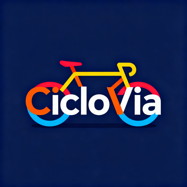 极简扁平化单车品牌Logo，品牌名“CicloVía”，将整个品牌名设计成单车车身，字母组合成车轮造型，扁平化设计，活力饱和的色彩，干净简洁，矢量图，识别度高，适合现代单车品牌预览效果