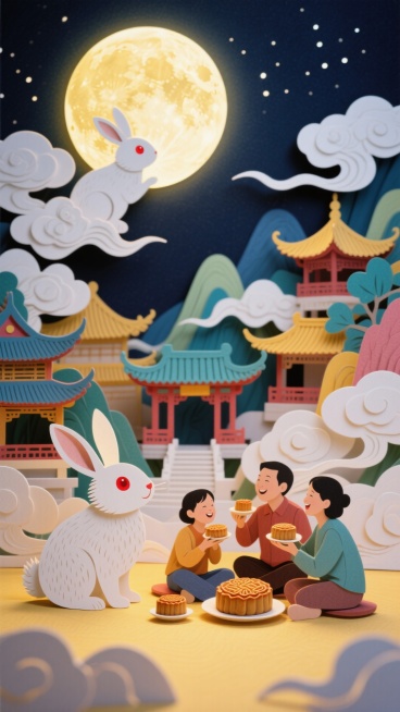 天上是月亮，月亮里面有月兔看着下面的人们，下面是一家团员看月亮，吃月饼，中间微缩的繁华的中式，祥云环绕，背后巨大的月亮，预览效果