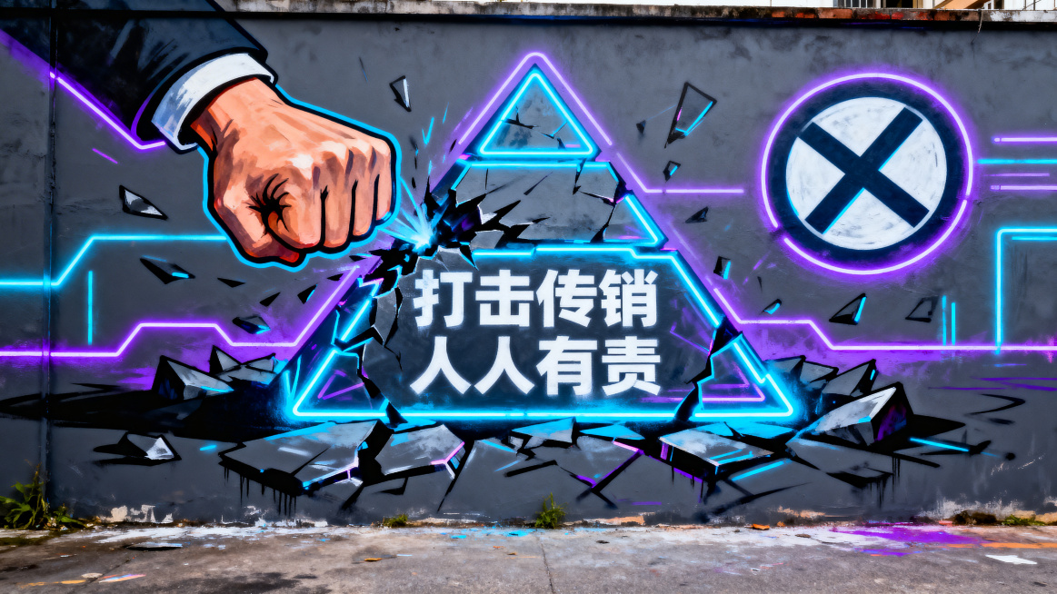 赛博朋克风格墙绘，主题为打击传销，深灰色打底，霓虹蓝紫色荧光线条，破碎的传销网络金字塔，重拳击碎符号，带有警示文字"打击传销 人人有责"，充满未来科技感，适合绘制在墙面上的街头涂鸦风格预览效果