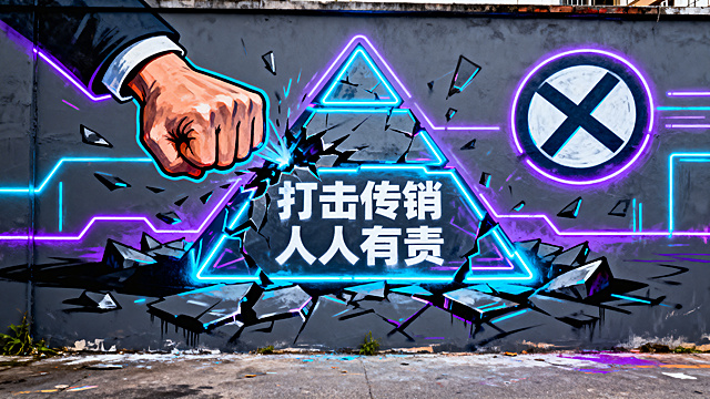 赛博朋克风格墙绘，主题为打击传销，深灰色打底，霓虹蓝紫色荧光线条，破碎的传销网络金字塔，重拳击碎符号，带有警示文字"打击传销 人人有责"，充满未来科技感，适合绘制在墙面上的街头涂鸦风格