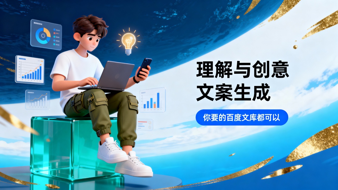 采用横版构图的广告图，利用3D卡通手法展现。左侧主角是一位年轻男性，他穿着白色T恤和军绿色战术裤，脚踏白色运动鞋，舒适地坐在一个蓝绿色透明立方体上，手中操控着笔记本电脑和手机，表现出高度集中的工作态度预览效果