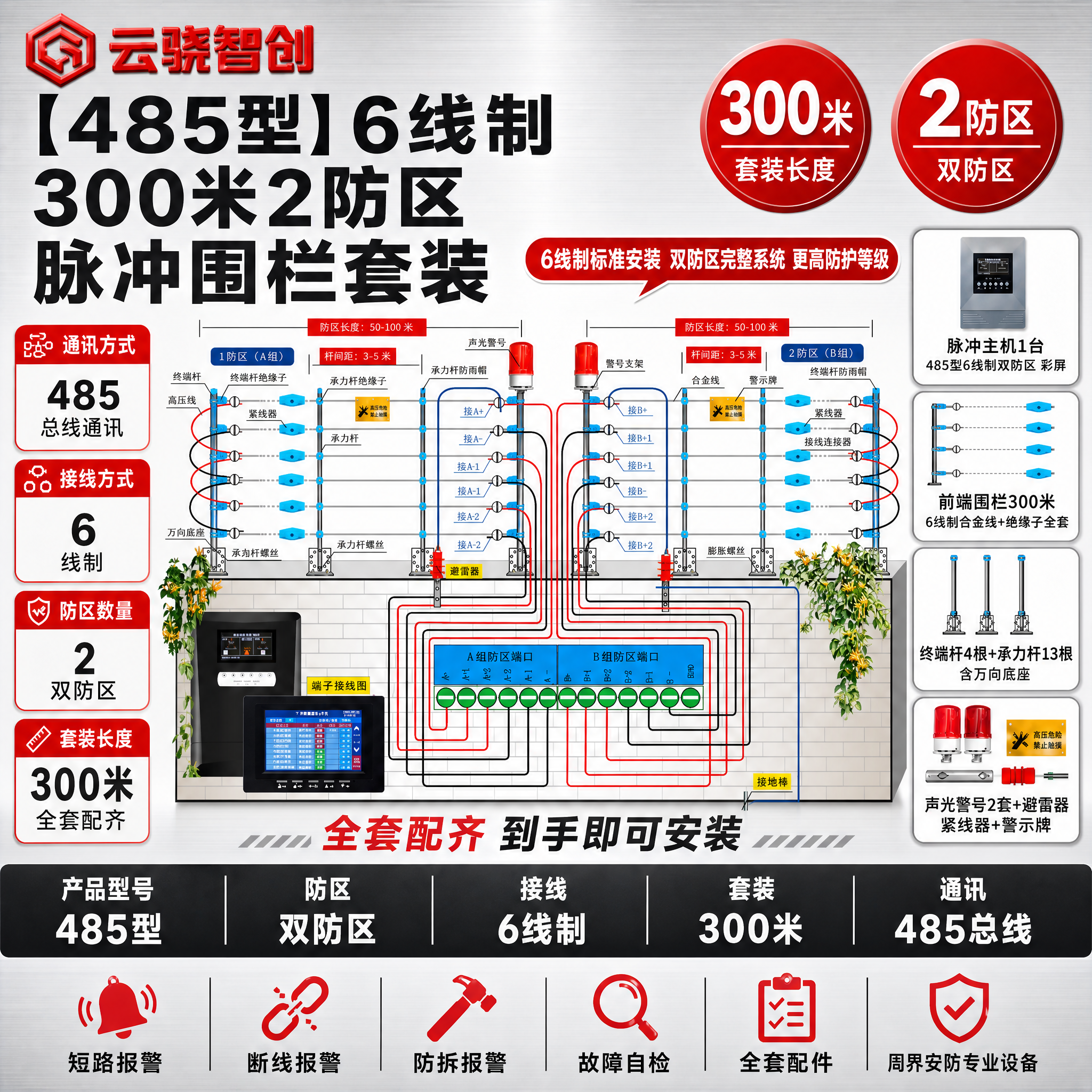[单张主图] 【485型】6线制【300米】2防区脉冲围栏套装… - 图片创意预览