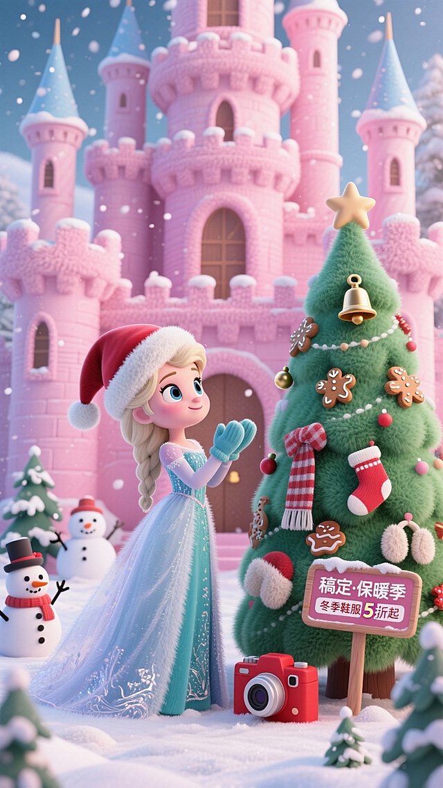 梦幻3D童话风，软萌卡通公主与粉色城堡共庆圣诞，粘土质感圣诞树点缀喜庆元素，温馨可爱，圣诞氛围感十足。