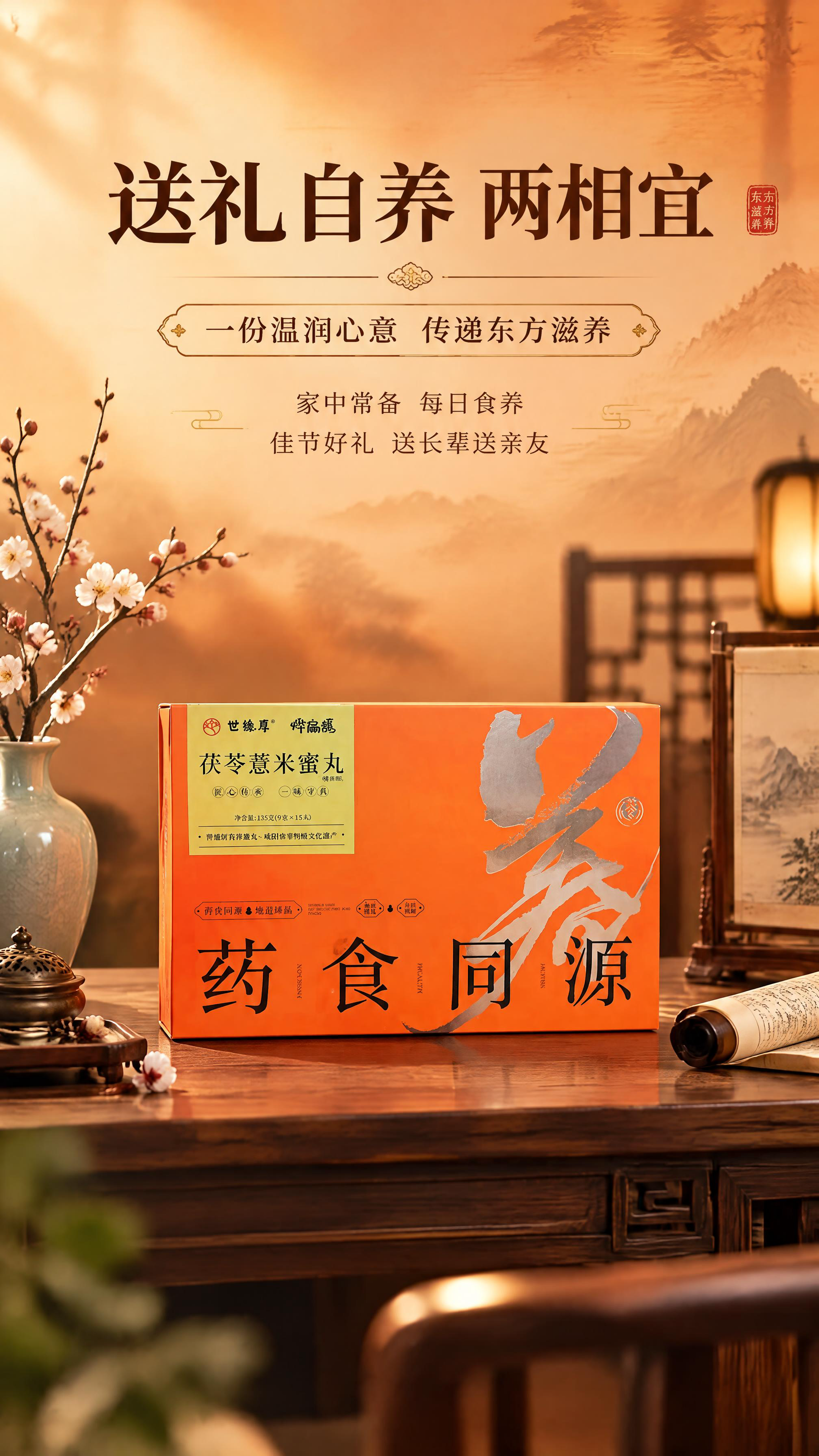 [商品] 使用【图1】茯苓薏米蜜丸礼盒，礼盒置于雅致中式场景中… - 图片创意预览
