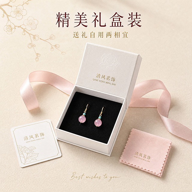 [主图-5] 礼赠展示 礼盒包装与全套配件
[统一基调] 整体风格为精致国风高级感，背景主色为米杏色绒面质感，标题字色为深豆沙红，辅助字色为暖金色，强调色为粉玉髓本色，字体为纤细宋体搭配小号手写体英文装饰，卡片与边框用细金线样式，整体柔光通透。
[画面] 画面中央展示一套完整的紫气东来耳环礼赠套装。正中央是一个打开的白色方形首饰盒，盒盖向后翻开，盒内衬为黑色绒面，一对粉玉髓耳环整齐摆放在绒面凹槽中，玉髓珠粉嫩通透，在黑色衬托下格外亮眼。首饰盒左前方放着一张小小的品牌卡片，卡片上有「清风茗饰」字样与简约花纹。右前方放着一块小小的粉色擦银布，折叠成方形。首饰盒后方有一条淡粉色丝带自然卷曲，增添礼赠氛围。背景为米杏色绒面，左上角有几片淡淡的梅花剪影作为国风装饰。整体视角为45度俯视，主体占画面约65%。
[光影质感] 柔和礼赠场景光质感，主光从左上方打来，首饰盒白色表面有细腻光泽，黑色绒面有高级的哑光质感，玉髓珠在盒内有温润的反光，整体光线柔和均匀，营造出精致体面的礼赠氛围。
[配色] 背景米杏色绒面，首饰盒白色配黑色内衬，耳环金色与粉色玉髓，丝带淡粉色，擦银布粉色，梅花剪影浅金色，文字深豆沙红与暖金色。
[文字版式] 画面上方中央有主标题「精美礼盒装」深豆沙红色细宋体字号较大，副标题「送礼自用两相宜」暖金色细宋体字号约为主标题一半。底部中央有极小的手写体英文装饰。文字均不遮挡产品主体。
[输出要求] 比例1:1，2K分辨率，产品清晰，礼盒质感高级，文字清晰可读，无变形，无错字，无模糊，无水印，无平台Logo。