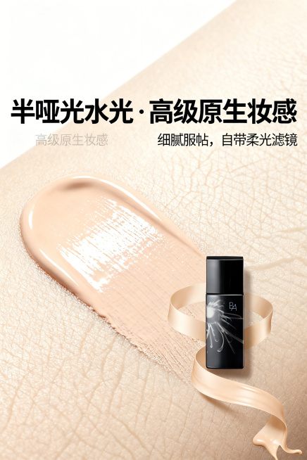 现代主义高奢美妆广告风，杂志级氛围排版，白色+浅米色主色调，高端简约，展示妆效卖点。画面主体为上妆后的精致半哑光水光底妆效果，局部特写展示粉底液推开后的细腻光泽感，搭配POLA B.A粉底液瓶身小图，预览效果