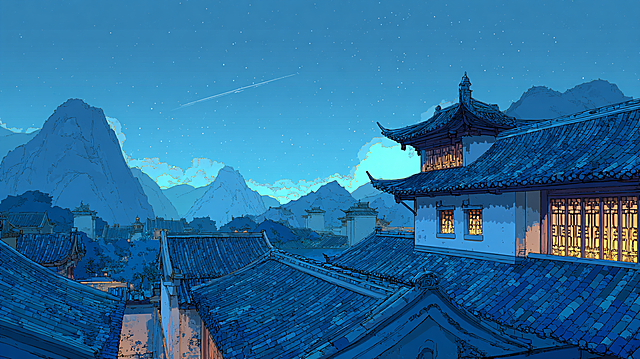 国风动画风格，线条流畅细腻，色块过渡自然，色调古朴温润（赭石、米白、浅棕为主，点缀金色特效光），楚国古村落夜景，青瓦土墙线条柔和，淡蓝色月光铺洒地面，远山朦胧带水墨感，天空有一颗流星坠向一间房屋。