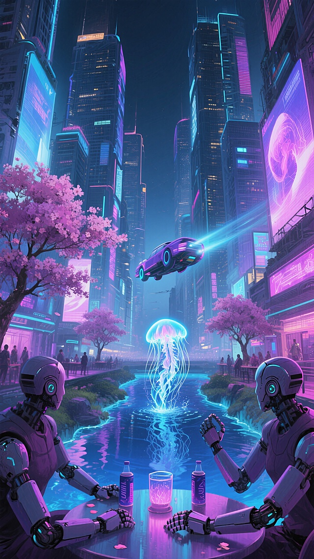 背景是霓虹闪烁的巨型摩天楼群，前景是人工荧光溪流，水面倒映着空中飞车的流光。他们的机械手臂不断切换，桌上放着能量饮料。溪流两侧是全息广告牌和全息樱花树，一只发光电子水母从水中跃起，紫红色调与荧光蓝形成强烈对比，未来感夜生活氛围