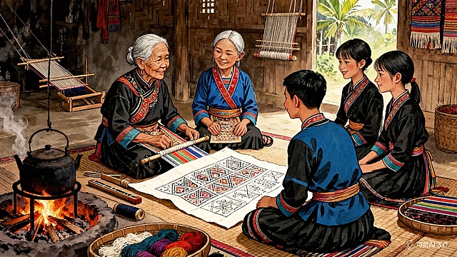 去除图中男生腰间垂下的鞭子，保留男生短款发型和原有所有其他人物、黎锦工坊围坐交流的场景，保持整体手绘水彩风格不变，修改后画面自然协调