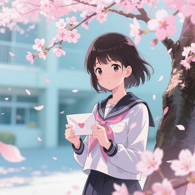 动漫插画风格，一个穿着日系校服的少女站在樱花树下，手中紧握着一封未送出的信，眼神中带着温柔与些许忧伤，粉色的樱花花瓣随风飘落，背景是模糊的校园场景，整体色调柔和浪漫，少女的表情既期待又犹豫，周围的樱花预览效果