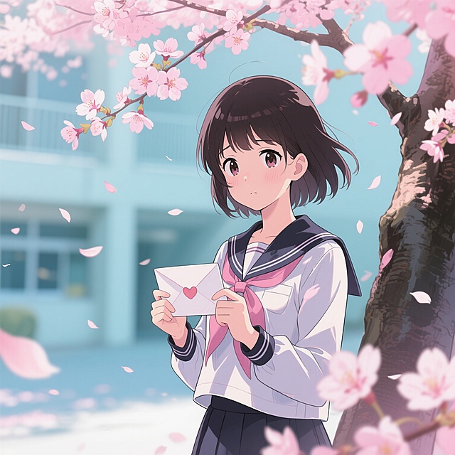 动漫风少女在樱花树下手持情书，水彩质感渲染梦幻春日氛围，浮世绘风格细节勾勒清新柔美画面，传递甜蜜与浪漫。