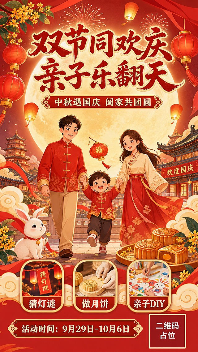 一张中秋国庆双节亲子主题节日海报，国风新中式手绘插画风格，喜庆温馨氛围。画面中央是一对年轻父母带着可爱的孩子，一家三口手牵手笑容灿烂，孩子手里举着小灯笼。背景是一轮大大的圆月，天空中飘着孔明灯和烟花，远处有古建筑飞檐。画面点缀着红灯笼、桂花枝、玉兔、月饼等中秋元素，以及祥云、彩带等节日元素。红金暖色调为主，色彩饱满喜庆。

主标题大字居中上方："双节同欢庆 亲子乐翻天"
副标题在主标题下方："中秋遇国庆 阖家共团圆"
画面中部偏下有三个圆角信息标签，分别写着："猜灯谜"、"做月饼"、"亲子DIY"
画面底部有活动时间文字："活动时间：9月29日-10月6日"
右下角有一个纯色方块二维码占位符，方块中央标注"二维码占位"文字

版式精美，层次分明，顶部标题区、中部人物主视觉区、底部信息区结构清晰。四周留有安全边距，文字清晰可读。整体氛围欢乐温馨，充满节日气息。

画面中所有信息区域、活动标签、时间区域等必须填充完整合理的内容，不得出现空白框、空白占位、横线待填写区域、空列表项、空单元格；确保是完整可用的成品海报而非待填写模板。
画面中所有数字必须精确渲染，不得错位、遗漏或编造。