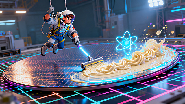 A 25-year-old muscular male worker in a high-tech vacuum suit, suspended by safety harnesses above a giant horizontal circular silicon wafer floor. He is holding a futuristic laser trowel, spraying glowing golden and blue atomic gas like cream, spreading a perfectly flat, thin glowing layer over the shiny silicon surface. Neon grid lines on the floor. 3D Pixar style, cyberpunk tech-wear, highly detailed, expressive, vibrant neon colors, dramatic cinematic lighting, clean high-tech background, 8k resolution, octane render