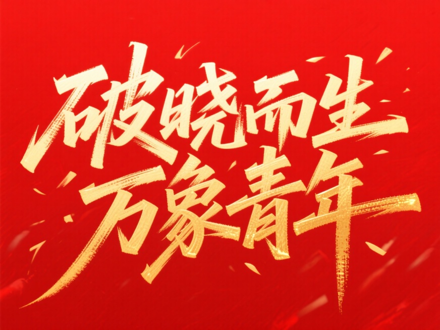 笔势硬朗的超燃字体“破晓而生 万象青年”，红色背景，金色字体预览效果