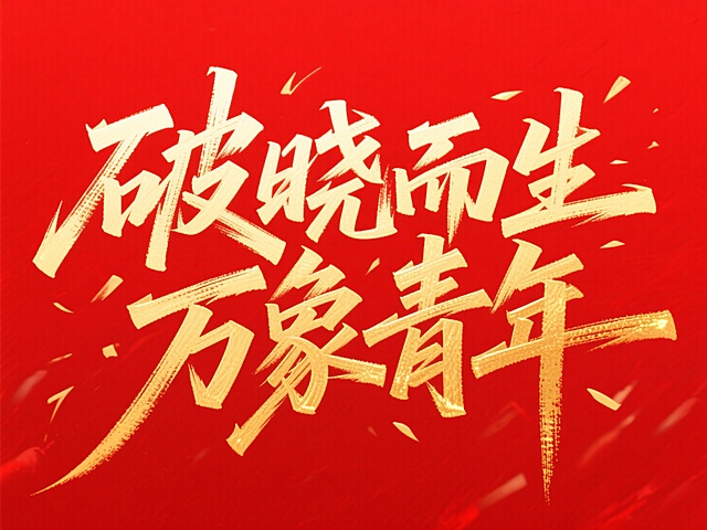笔势硬朗的超燃字体“破晓而生 万象青年”，红色背景，金色字体