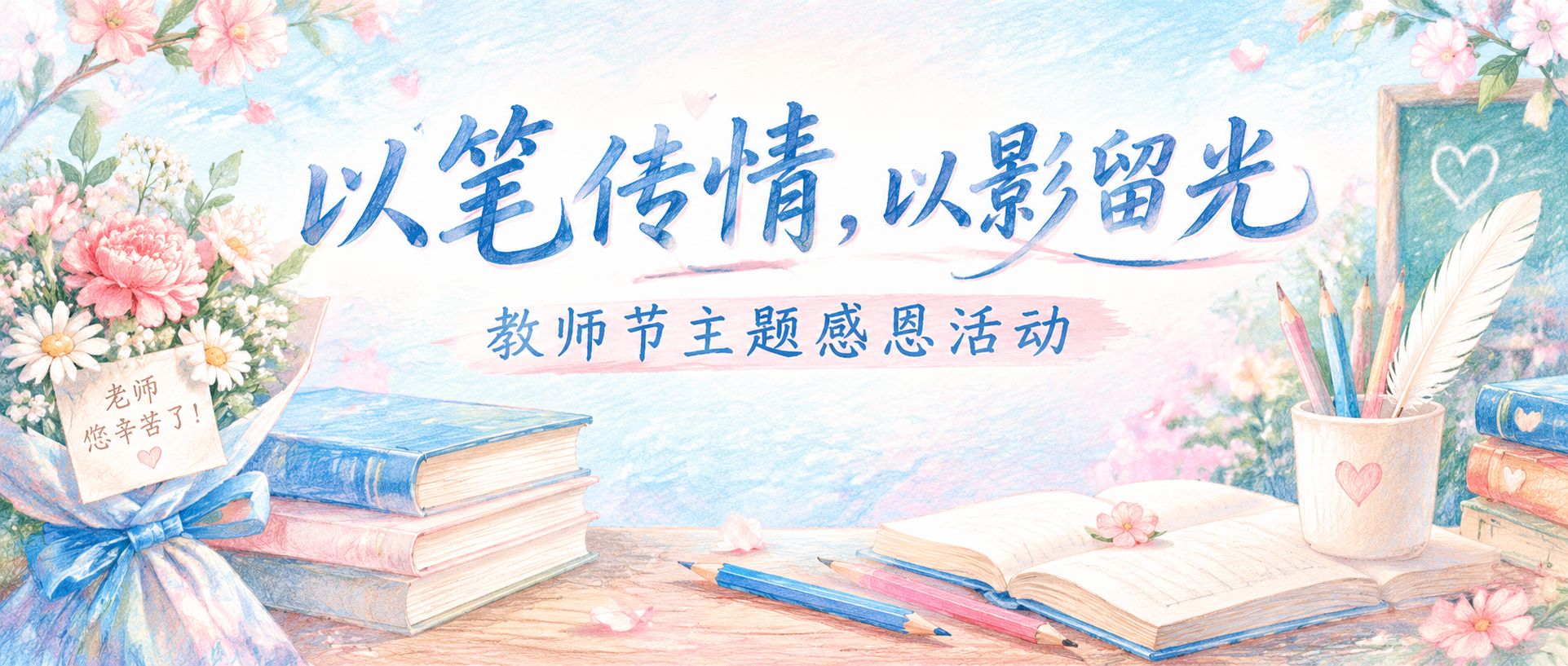 教师节微信公众号首图，彩铅画手绘风格，淡蓝色为主色调，点缀淡粉… - 图片创意预览