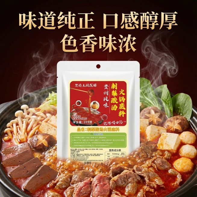 这张图片是产品主体这款产品是美芡·贵州刺梨酸汤火锅底料 我需要设计10张主图在拼多多上面售卖 图片中产品不变 这一袋的克重主要是105g 主图场景布局火锅元素  多增加一些贵州火锅底料细节图 还有火锅预览效果