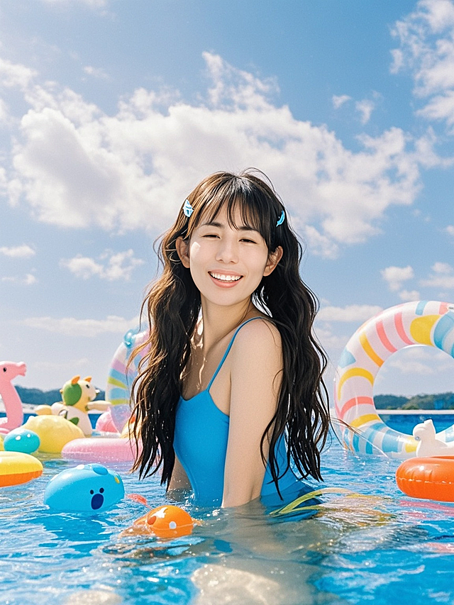 一个长发女生在泳池里，连体泳衣，半身露出水面，开心神态，水面漂浮着玩具