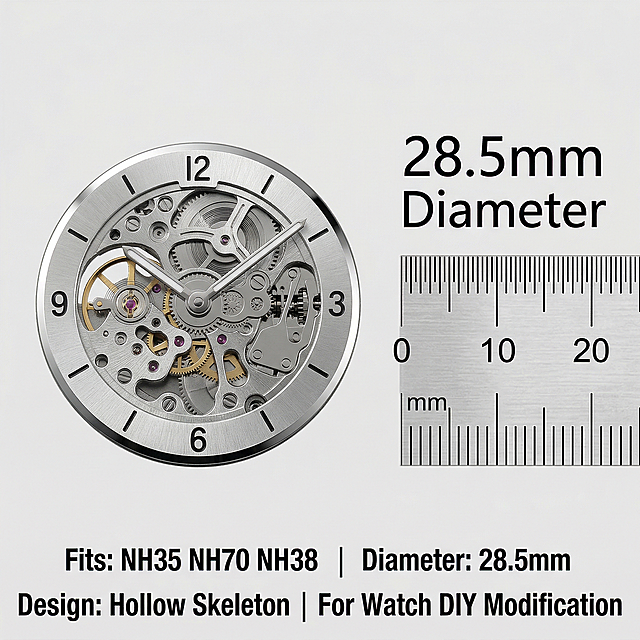 Amazon cross-border e-commerce main image, the fifth image of the set, size specification display. On the left is the product dial, on the right clearly mark the physical size "28.5mm Diameter", with a millimeter scale ruler next to it for visual comparison. At the bottom list core parameters in English: "Fits: NH35 NH70 NH38 | Diameter: 28.5mm | Design: Hollow Skeleton | For Watch DIY Modification", the background is clean light gray, the text is clear, the layout is orderly, all information is accurate, and the product appearance is consistent with the reference picture.