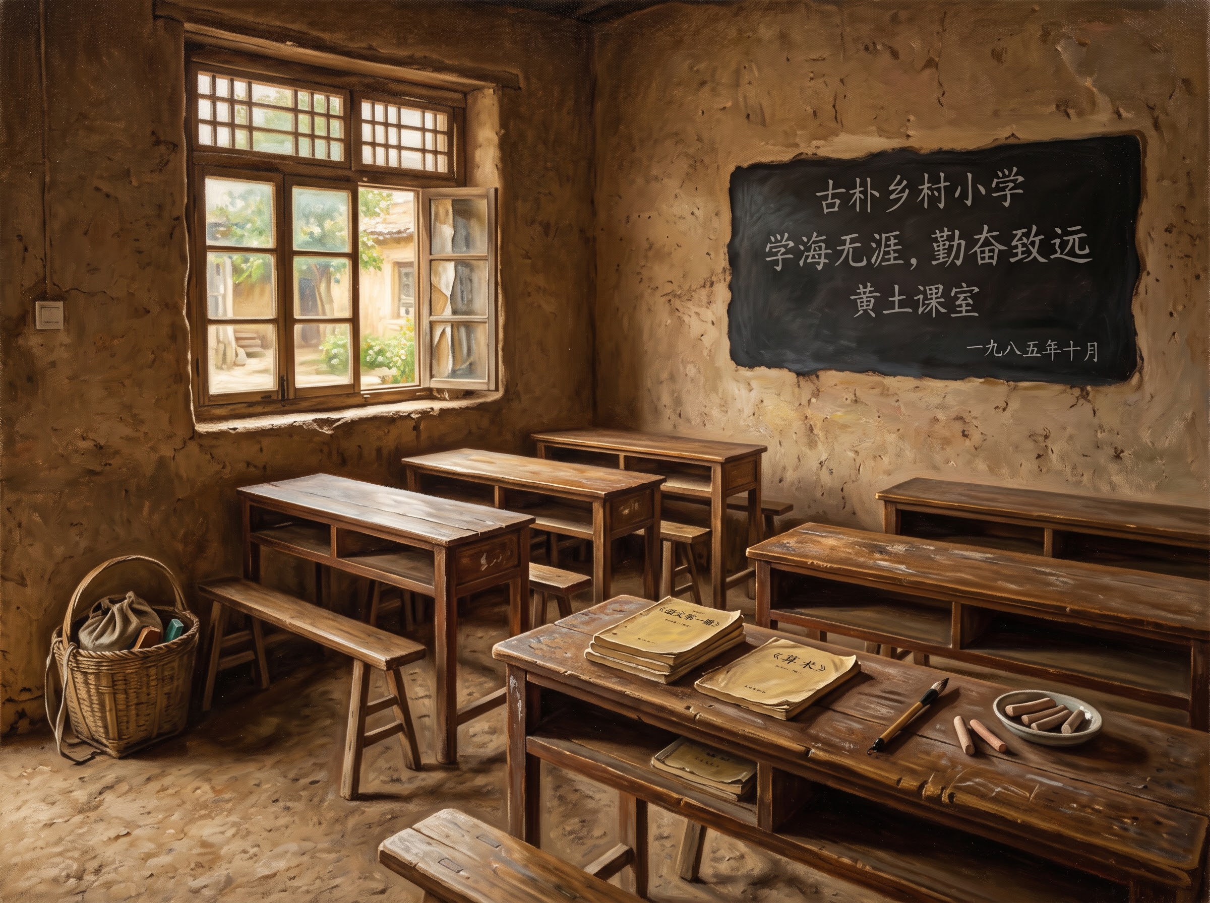 一间古朴的乡村教室内部，阳光透过木格窗洒在斑驳的土墙上，墙面刷… - 图片创意预览