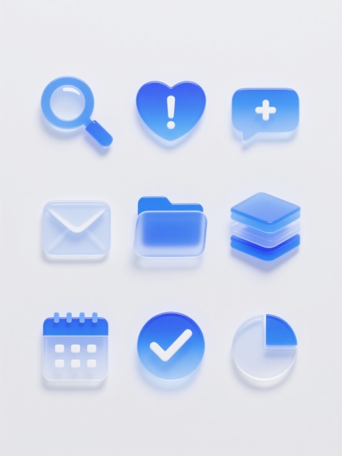 一组9个具有统一2.5D半透明玻璃拟态风格的UI图标，每个图标拥有独特造型，包括放大镜、感叹号警告、对话气泡、心形、信封、带加号文件夹、堆叠文件夹、带对勾日历和饼图。图标采用渐变蓝色为主色调，搭配白色高光和柔和阴影，呈现出光滑圆润的边缘和轻微的厚度感，整体通透晶莹。所有图标规整排布在纯白色纯色背景上，形成系列素材集合，保持一致的设计语言和视觉质感。预览效果