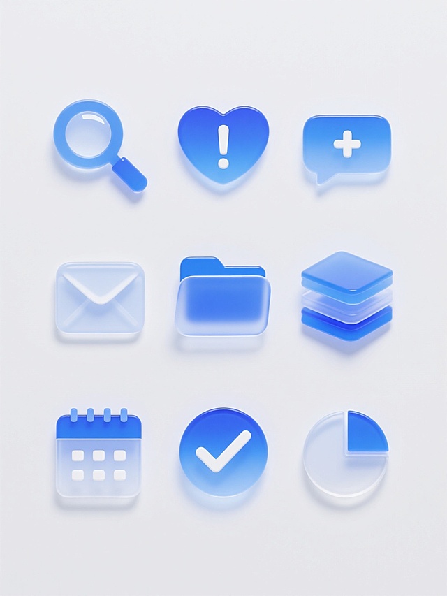 一组9个具有统一2.5D半透明玻璃拟态风格的UI图标，每个图标拥有独特造型，包括放大镜、感叹号警告、对话气泡、心形、信封、带加号文件夹、堆叠文件夹、带对勾日历和饼图。图标采用渐变蓝色为主色调，搭配白色高光和柔和阴影，呈现出光滑圆润的边缘和轻微的厚度感，整体通透晶莹。所有图标规整排布在纯白色纯色背景上，形成系列素材集合，保持一致的设计语言和视觉质感。