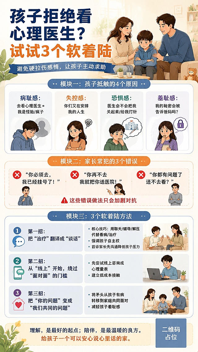 参考上传海报的版式结构和配色，生成科普育儿知识海报，整体风格清新温暖亲子风。画面必须完整呈现以下文案：主标题"孩子拒绝看心理医生？试试3个软着陆"，副标题"避免硬拉伤感情，让孩子主动求助"。模块一：孩子抵触的4个原因：病耻感："去看心理医生=我是怪胎/疯子"；失控感："你们又在安排我的人生"；恐惧感："医生会不会把我关起来/给我打针"；羞耻感："我的秘密会被告诉爸妈吗？"。模块二：家长常犯的3个错误：❌ "你必须去，我已经挂号了！"；❌ "你再不去我就把你送医院！"；❌ "你都有问题了还不去看？"，标注这些错误做法只会加剧对抗。模块三：3个软着陆方法：❶第一招：把"治疗"翻译成"谈话"，核心技巧：用聊天/辅导/解压代替看病/治疗；强调孩子自主权；首诊家长先沟通降低孩子压力。❷第二招：从"线上"开始，绕过"面对面"的门槛，先尝试线上咨询或心理量表，建立低成本接触。❸第三招：把"你的问题"变成"我们共同的问题"，将矛头从孩子有病转移到家庭共同面对，减轻孩子羞耻感。画面分区清晰，文字层级分明，所有文字必须清晰可读，所有信息区域填充完整，画面中所有二维码区域使用纯色方块占位符呈现，方块中央标注"二维码占位"文字，严禁生成任何可识别的二维码图案，画面中所有数字必须精确渲染，不得错位、遗漏或编造，版式精美，色调温暖柔和，分辨率2K，9:16竖版。