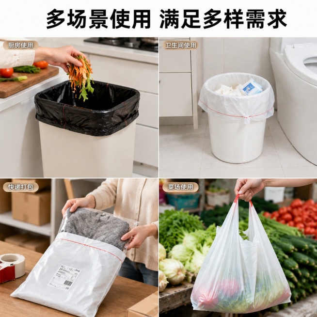 [主图-4] 多场景适用展示图。[氛围风格] 生活化真实场景，干净整洁实用风格；[画质] 商业摄影质感，光线自然通透，产品清晰真实。[元素] 保持塑料袋产品外观、物理结构、材质质感、颜色与输入产品图绝预览效果