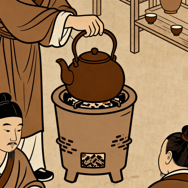 画面内容为宋代斗茶场景中的候汤动作，侧重展现等待煮水备汤动作，减少人物占比，整体色调统一为茶色、酱油色，风格简洁线条扁平化，带有复古历史感，仿照清明上河图的创作风格绘制预览效果