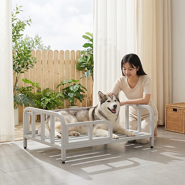 浅灰色金属框架狗床，保持原产品物理结构绝对不变，床下面没有轮子，床腿没有额外东西，床上没有床垫。产品主体不变形不扭曲。
平视视角，主体居中构图，平稳放置在北欧阳台的浅灰色瓷砖地面上，有清晰接触阴影。
背景是浅木色围栏和绿色盆栽植物，浅奶白色纱帘，小清新家庭阳台氛围。
床上趴着一只开心微笑的哈士奇，一位年轻东亚女孩跪坐在旁边轻轻抚摸狗狗的头，神态温柔自然。
全屋漫射柔光，阴天通透光线，低对比度，阴影极淡，画面明亮干净，奶油暖色调。
阳台微风飘动白纱，地面洒落斑驳阳光树影，角落放一个藤编收纳筐，增添生机。
商业氛围感种草摄影，8K分辨率，柔和质感，小清新治愈风格，适合淘宝。保持 1:1 画面比例。