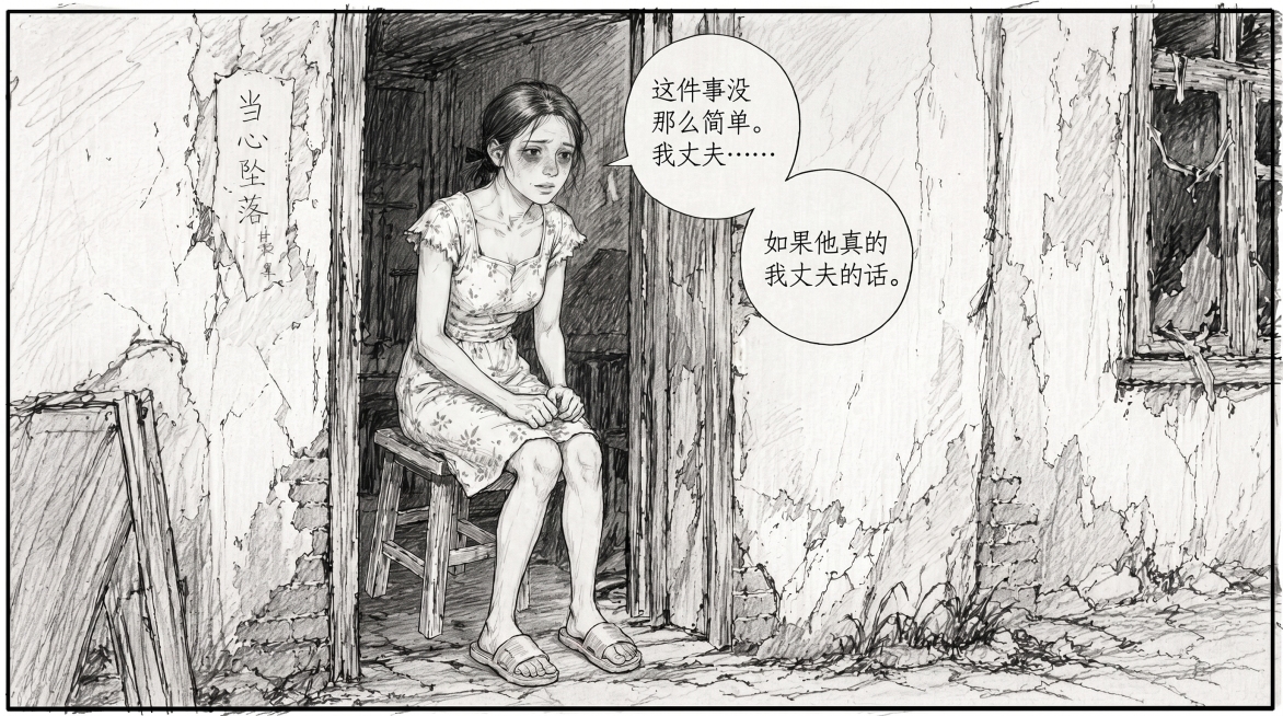 基于第一张图的李东莲，绘制她坐在破旧出租屋桌旁小心翼翼开口说话的分镜画面，分两个对话气泡，第一个写："这件事没那么简单。我丈夫……"，第二个写："如果他真的是我丈夫的话。"，整体风格完全匹配第二张图的预览效果