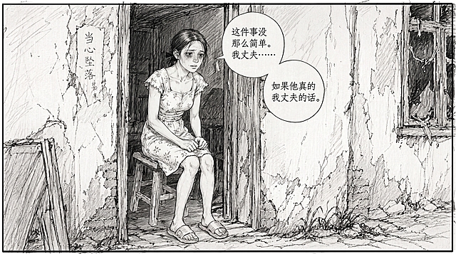 基于第一张图的李东莲，绘制她坐在破旧出租屋桌旁小心翼翼开口说话的分镜画面，分两个对话气泡，第一个写："这件事没那么简单。我丈夫……"，第二个写："如果他真的是我丈夫的话。"，整体风格完全匹配第二张图的精细铅笔素描漫画分镜风格，保留人物碎花连衣裙、粉色拖鞋和浓重黑眼圈，神态犹豫忐忑，场景和第二张图一致的破旧农村房屋