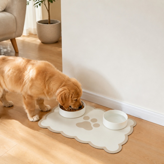 [Main Image 4] Home scene display of dog feeding mat, modern simple living room wood floor scene. [A预览效果