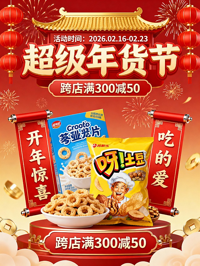 “超级年货节” 促销海报，核心元素：年货组合（谷物圈包装、薯片包装、带仁核桃）、红色中式卷轴标语（“开年惊喜”“吃的爱”）、金色中式屋顶 + 红灯笼背景装饰；文字布局：顶部 “活动时间：2026.02.16-02.23”、主标题 “超级年货节”、促销信息 “跨店满 300 减 50”，背景红金渐变 + 烟花点缀。构图：年货组合居画面中下部作视觉焦点，卷轴标语分置左右增强氛围，主标题叠于上部，文字分层排布，视觉喜庆热闹。色彩：正红 + 鎏金 + 黄白为主，色调浓郁年味十足。风格：中式年味 + 现代促销风，元素质感饱满（年货包装细节、卷轴金属光泽、背景装饰精致），传递年货节的促销吸引力与新春氛围。