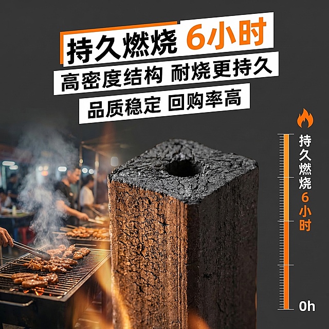 产品垫图。产品主体：整块高温烧烤炭的微距特写，展示炭块的高密度紧实结构。模块主题：卖点主图-持久耐烧，氛围风格：夜市摆摊实用好物，真实质感。画面元素：炭块中心特写放在画面中心，背景虚化户外烧烤场景，暖调光影突出炭块的高密度纹理，添加燃烧时长标尺参考。统一背景底色深灰色。视角平视微距，浅景深突出主体。文案："持久燃烧6小时" "高密度结构 耐烧更持久" "品质稳定 回购率高"，大字白色标题，橙色标注时长，文字悬浮排版。