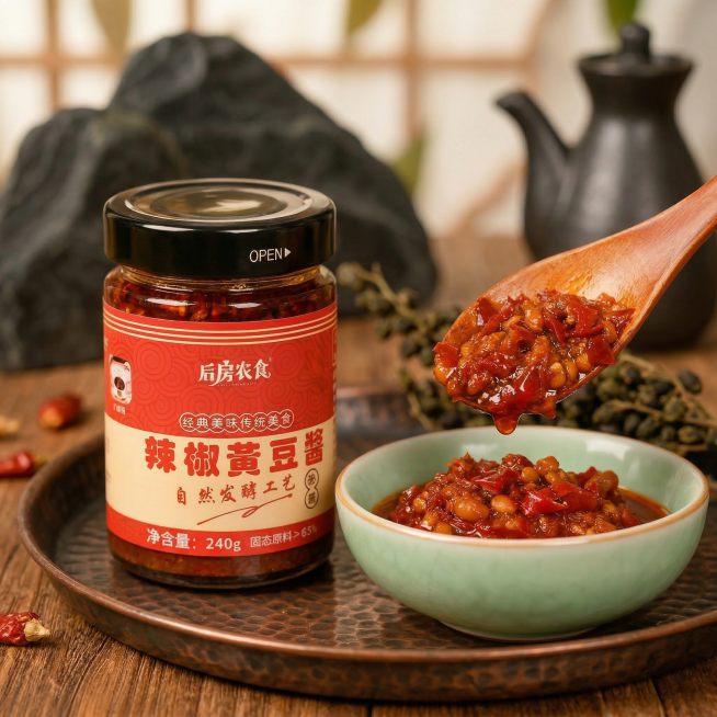 保持辣椒黄豆酱产品和酱料本体完全不变，包装形状、结构、图案、文字均不修改，保留酱料原有颜色、颗粒大小、酱豆形态、稠度、光泽不修改，更换为和前两张都不同的全新场景，保持暖色调自然光，柔和侧光，红油油润反预览效果