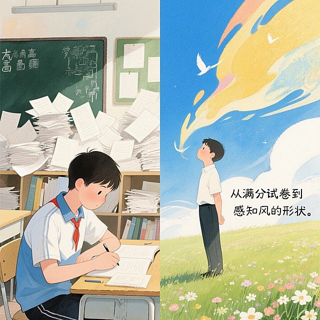 小清新绘本风格，画面呈现高中时低头刷题的少年，与大学中抬头感受风的自己隔空对望，背景一侧是堆满试卷的教室，一侧是开满花的草地，配文“从满分试卷到感知风的形状”