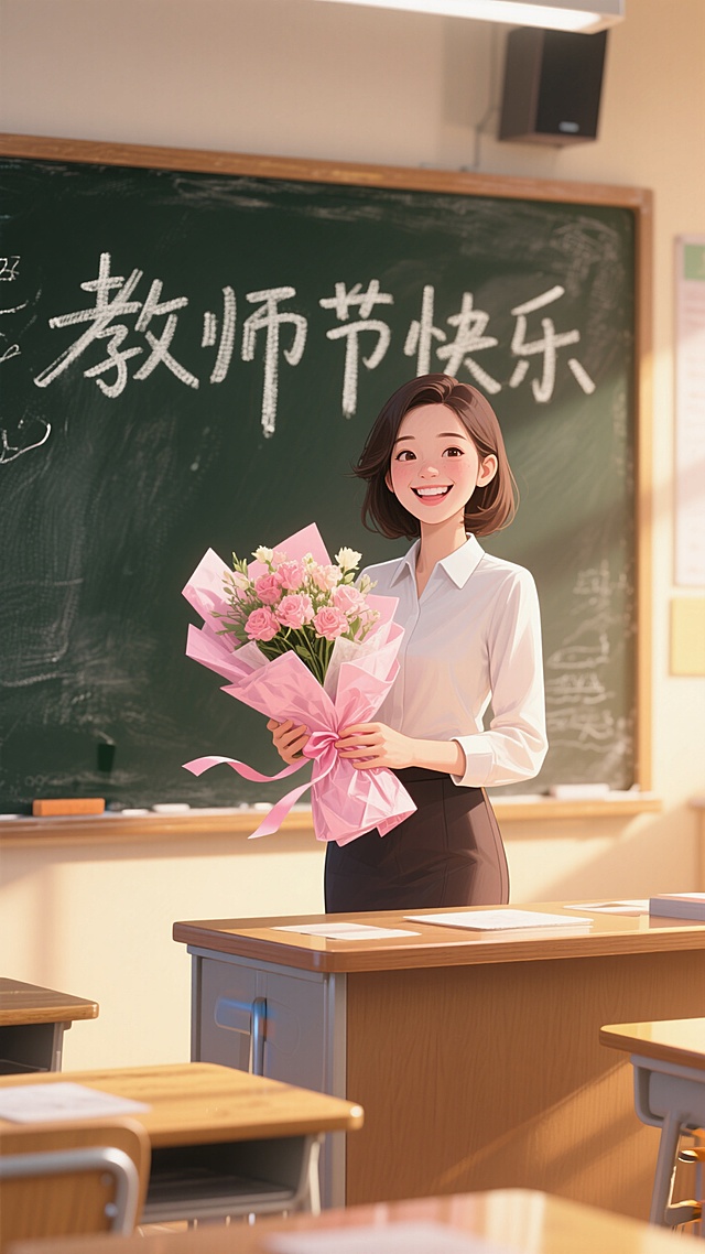 教室里，黑板上写着 “教师节快乐” ，一位笑容灿烂的女教师捧着粉色包装的一束花站在讲台上面对学生，学生鼓掌，暖黄色光影，正视，画面重心居下