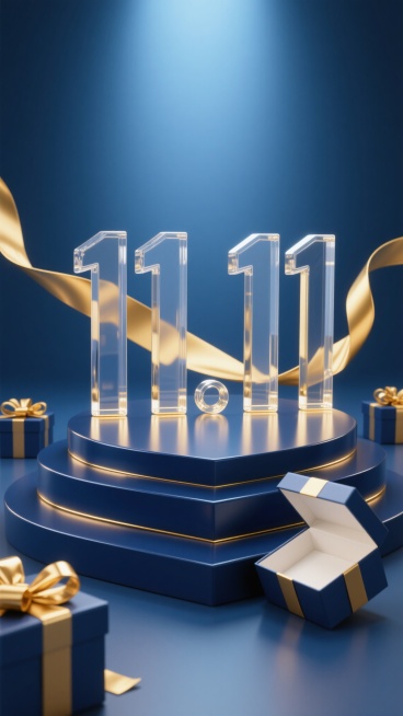 3D渲染风格电商促销海报，以深蓝色与金色为主色调，背景为渐变深蓝色，顶部明亮底部深邃，营造高端喜庆氛围。画面中央是由透明亚克力材质制成的立体“11.11”数字，数字底部有金色高光，放置在多层叠放的深蓝色展台之上，展台表面光滑有光泽，呈现出明显的阴影和高光对比。一条金色丝带从左侧延伸至右侧，环绕在展台后方，丝带飘逸且有立体感。展台周围散落着几个深蓝色礼盒，礼盒上系着金色蝴蝶结，其中一个礼盒倾斜放……预览效果