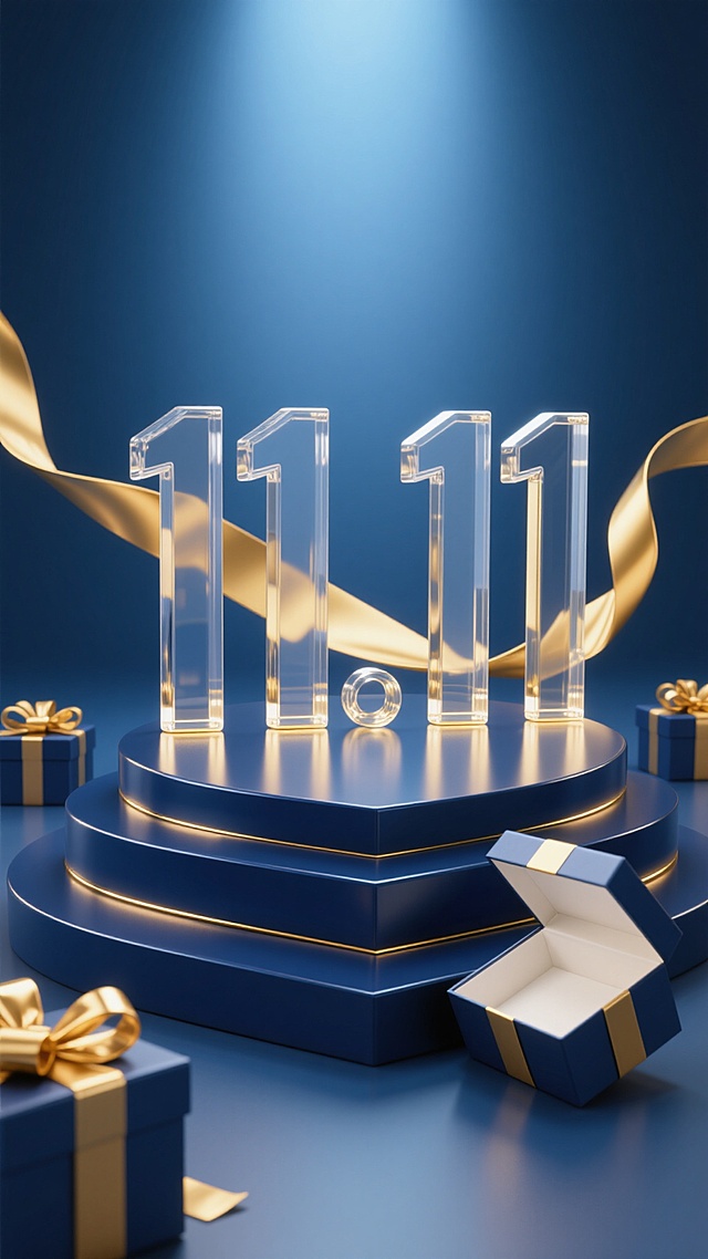3D渲染风格电商促销海报，以深蓝色与金色为主色调，背景为渐变深蓝色，顶部明亮底部深邃，营造高端喜庆氛围。画面中央是由透明亚克力材质制成的立体“11.11”数字，数字底部有金色高光，放置在多层叠放的深蓝色展台之上，展台表面光滑有光泽，呈现出明显的阴影和高光对比。一条金色丝带从左侧延伸至右侧，环绕在展台后方，丝带飘逸且有立体感。展台周围散落着几个深蓝色礼盒，礼盒上系着金色蝴蝶结，其中一个礼盒倾斜放置，露出内部的白色衬里。整体构图采用对称与平衡的布局，视觉焦点集中在中央的“11.11”数字和展台，光影效果柔和，高光集中在数字和礼盒的边缘，增强画面的层次感和空间感，符合电商促销的热闹、高端氛围，信息传达直接高效，能迅速吸引观众注意力。