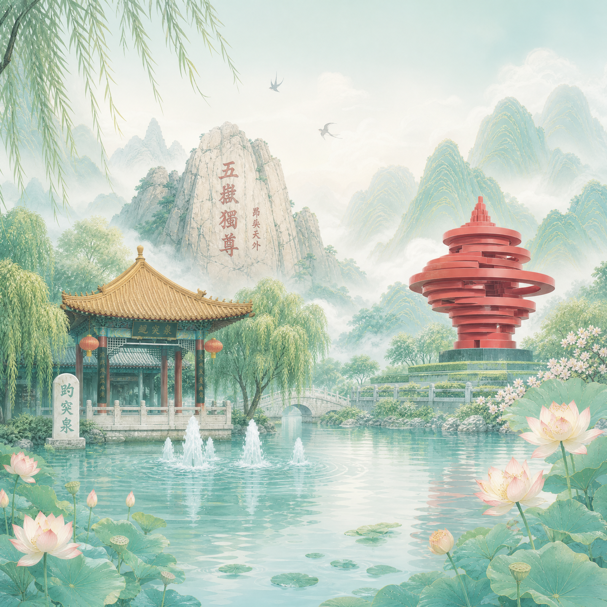 新国风青绿工笔水墨风格，济南文旅宣传插画，正方形构图。画面右侧… - 图片创意预览
