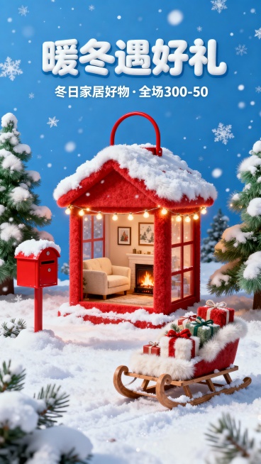 主体为红色灯笼造型小屋（屋顶积雪、红色提手，内部设米色沙发、燃火壁炉、装饰画，外围环绕暖黄串灯）；场景是飘雪的雪地，分布带雪绿松、红色信箱、载满礼物的雪橇；上方3D白色卡通字体设计的主副标题组合“暖冬预览效果