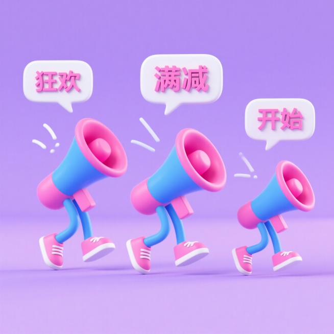 3 个蓝粉配色小喇叭（主体蓝色，喇叭口粉色，有蓝色小腿与粉色鞋子）依次在平面上排列；每个小喇叭上方有白色对话气泡和线条，营造说话氛围，每个气泡从左至右依次是粉色的文字：“狂欢”“满减”“开始”；每个扩预览效果