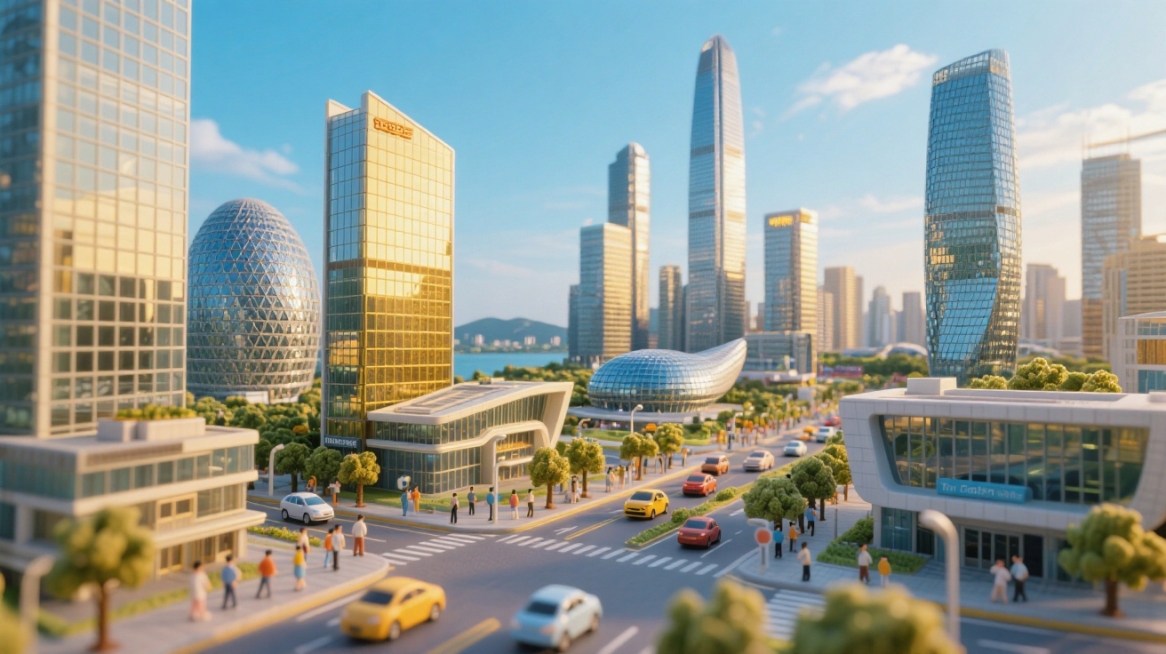 全景视角，现代科技感画面，云集深圳标志性建筑：平安金融中心、腾讯滨海大厦、深圳湾春茧、地王大厦、市民中心，建筑错落有致，玻璃幕墙闪耀金色晨光，蓝天与城市天际线交融，街道车流如织，行人点缀，大气广角构图预览效果