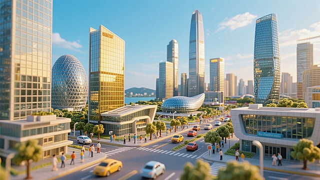 现代感3D城市，玻璃建筑群，微缩艺术风，简约设计，科技感十足。